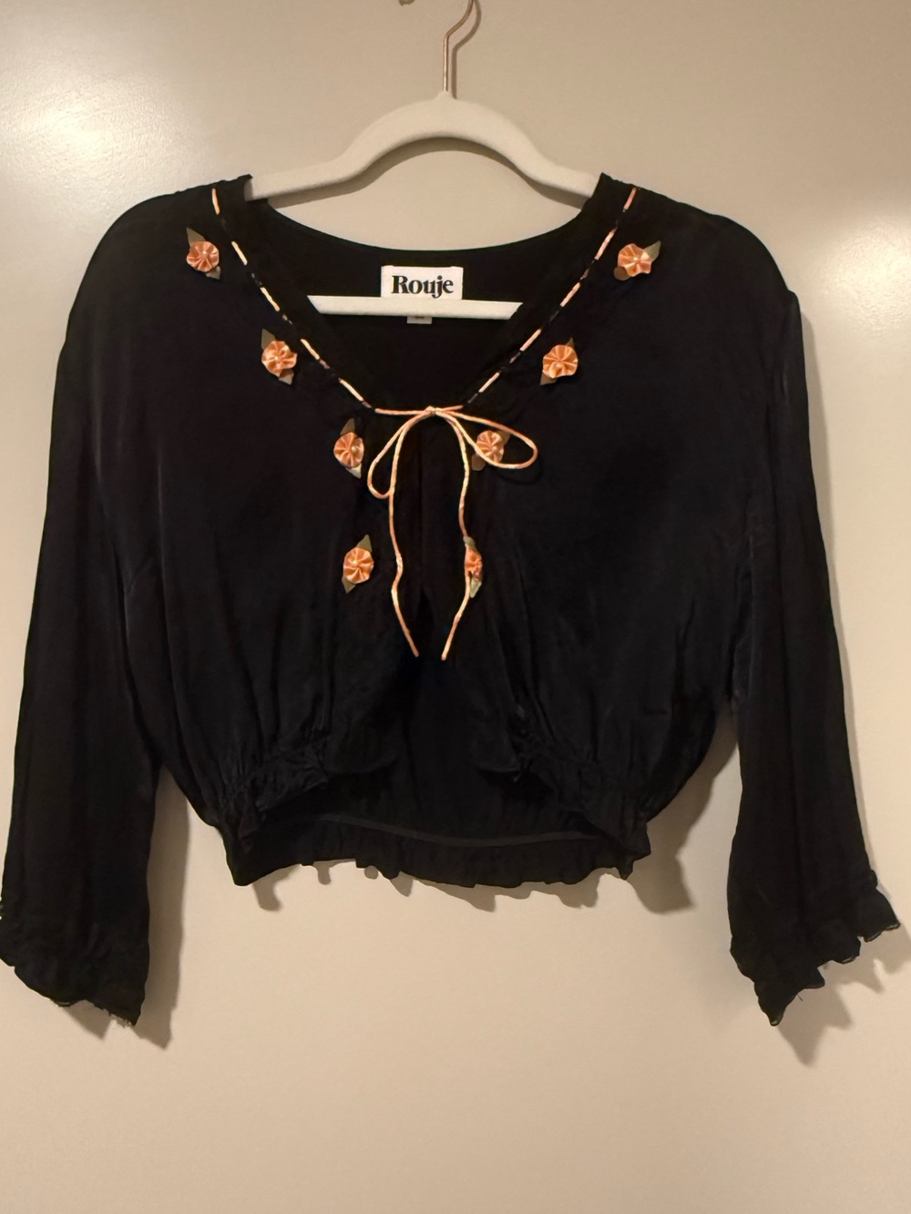 Rouje Black Cropped Peasant Satin Top with Peach Embroidery